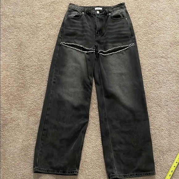 Forever 21 Black High Rise Wide Leg Bejeweled Thigh Slit Jeans - Picture 3 of 6